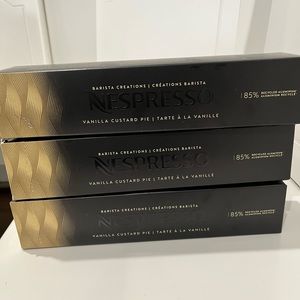 Three new boxes Nespresso Vertuo Vanilla Custard Pie coffee capsules.